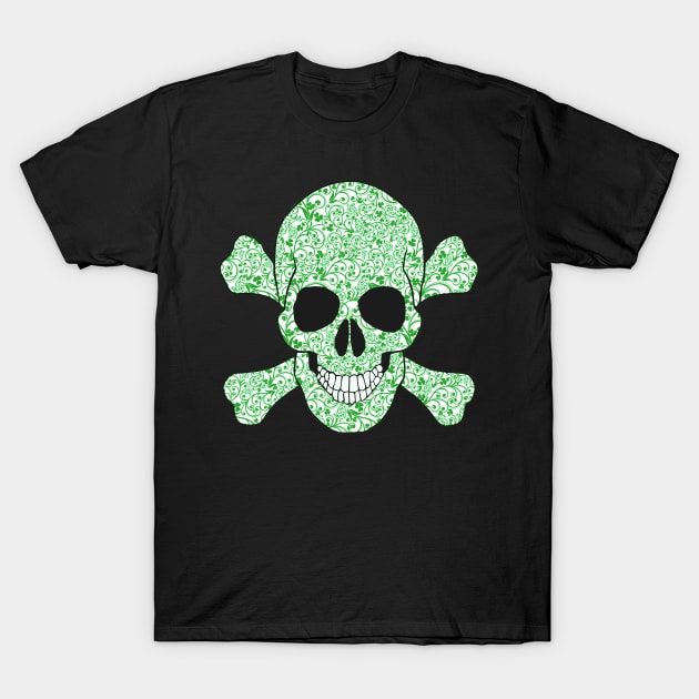 Shamrock And Swirls Pirate Skull And Crossbones T-Shirt by Atteestude